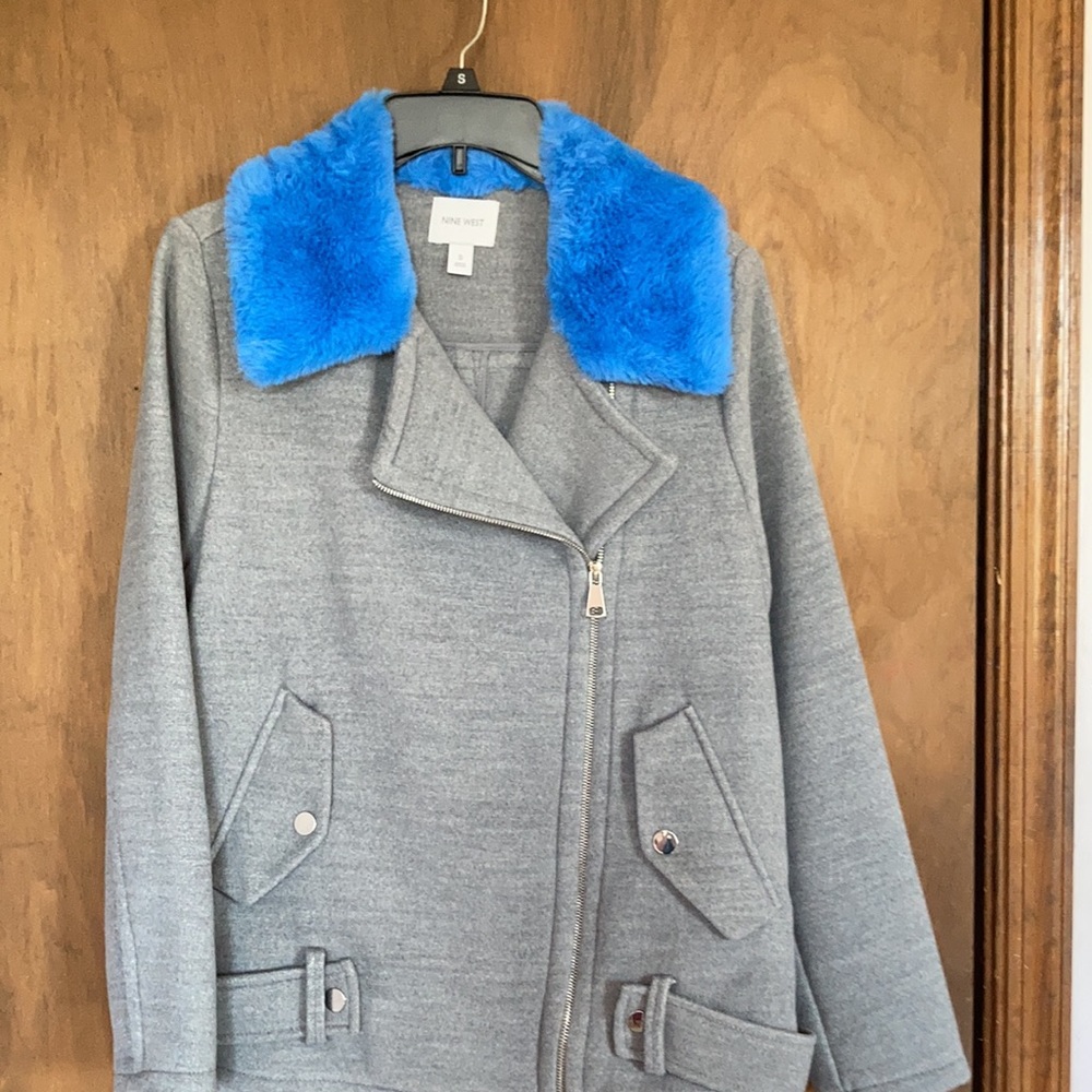 Relist 11/10❌ Nine West blue faux fur collar gray coat size S - Picture 9 of 16